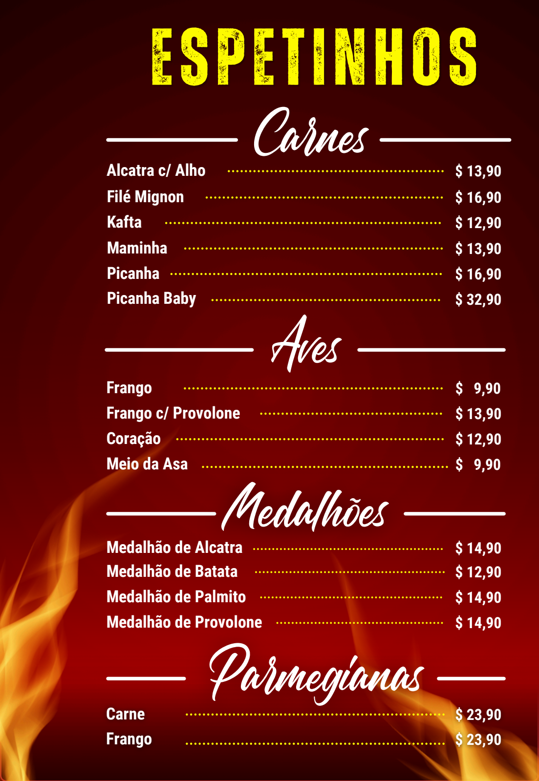 Cardápio FiléMiau - espetinhos, carnes e aves